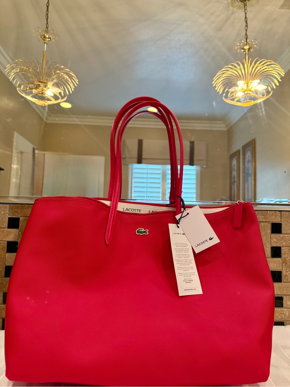 NWT Lacoste Bright Red Tote with Signature Croc